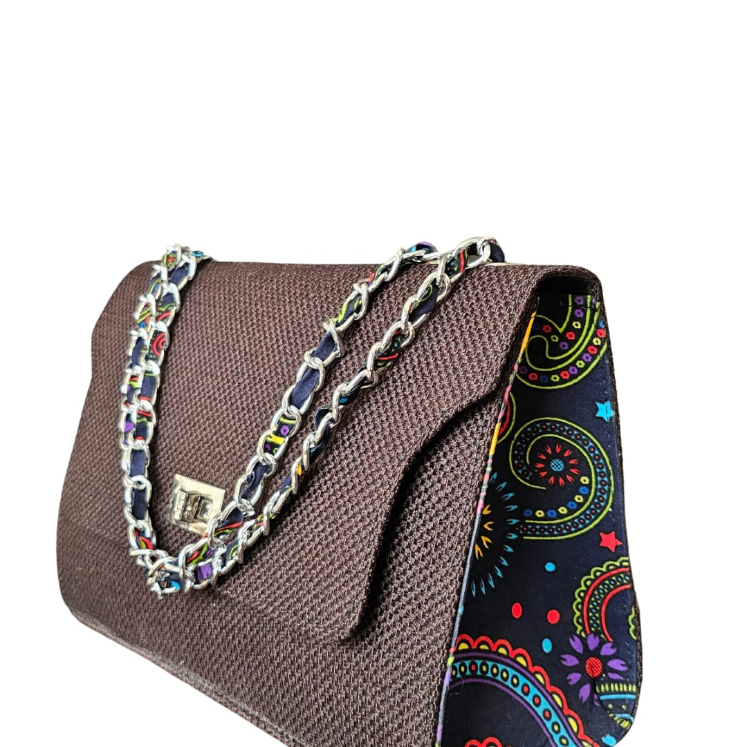 Zainab -Midi Satchel Bag ( basket blackth with purple flowerr side